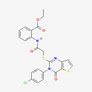 molecular formula C23H18ClN3O4S2 B2474693 ethyl 2-(2-{[3-(4-chlorophenyl)-4-oxo-3H,4H-thieno[3,2-d]pyrimidin-2-yl]sulfanyl}acetamido)benzoate CAS No. 1260947-86-1