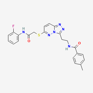 molecular formula C23H21FN6O2S B2474734 N-(2-(6-((2-((2-fluorophenyl)amino)-2-oxoethyl)thio)-[1,2,4]triazolo[4,3-b]pyridazin-3-yl)ethyl)-4-methylbenzamide CAS No. 872994-68-8