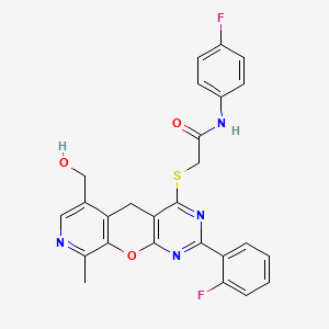 molecular formula C26H20F2N4O3S B2474764 N-(4-fluorophenyl)-2-[[5-(2-fluorophenyl)-11-(hydroxymethyl)-14-methyl-2-oxa-4,6,13-triazatricyclo[8.4.0.03,8]tetradeca-1(10),3(8),4,6,11,13-hexaen-7-yl]sulfanyl]acetamide CAS No. 892386-34-4