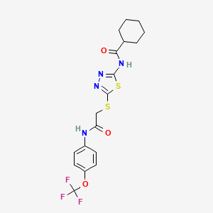 molecular formula C18H19F3N4O3S2 B2474796 N-(5-((2-oxo-2-((4-(trifluoromethoxy)phenyl)amino)ethyl)thio)-1,3,4-thiadiazol-2-yl)cyclohexanecarboxamide CAS No. 868972-90-1