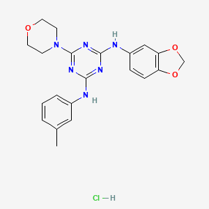 molecular formula C21H23ClN6O3 B2474865 N2-(2H-1,3-benzodioxol-5-yl)-N4-(3-methylphenyl)-6-(morpholin-4-yl)-1,3,5-triazine-2,4-diamine hydrochloride CAS No. 1179392-12-1