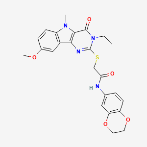 molecular formula C24H24N4O5S B2475086 N-(2,3-dihydro-1,4-benzodioxin-6-yl)-2-({3-ethyl-8-methoxy-5-methyl-4-oxo-3H,4H,5H-pyrimido[5,4-b]indol-2-yl}sulfanyl)acetamide CAS No. 1113123-82-2