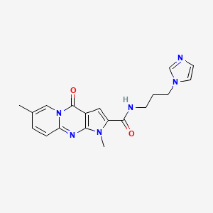 molecular formula C19H20N6O2 B2475129 N-[3-(1H-imidazol-1-yl)propyl]-6,12-dimethyl-2-oxo-1,6,8-triazatricyclo[7.4.0.0^{3,7}]trideca-3(7),4,8,10,12-pentaene-5-carboxamide CAS No. 896074-97-8