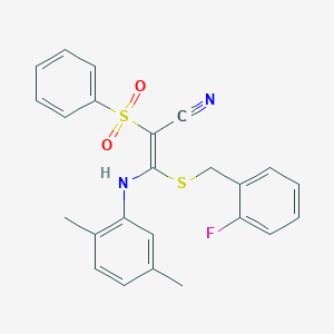 (E)-3-((2,5-dimethylphenyl)amino)-3-((2-fluorobenzyl)thio)-2-(phenylsulfonyl)acrylonitrile