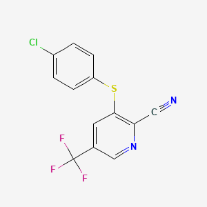 molecular formula C13H6ClF3N2S B2475300 3-((4-Chlorophenyl)thio)-5-(trifluoromethyl)picolinonitrile CAS No. 338396-73-9