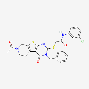 molecular formula C26H23ClN4O3S2 B2475361 2-[(11-acetyl-4-benzyl-3-oxo-8-thia-4,6,11-triazatricyclo[7.4.0.02,7]trideca-1(9),2(7),5-trien-5-yl)sulfanyl]-N-(3-chlorophenyl)acetamide CAS No. 1189449-19-1