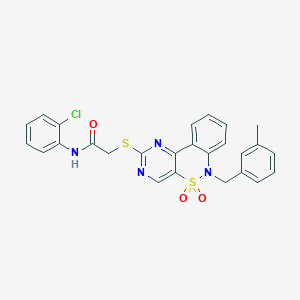 molecular formula C26H21ClN4O3S2 B2475528 N-(2-chlorophenyl)-2-({9-[(3-methylphenyl)methyl]-8,8-dioxo-8lambda6-thia-3,5,9-triazatricyclo[8.4.0.0^{2,7}]tetradeca-1(14),2(7),3,5,10,12-hexaen-4-yl}sulfanyl)acetamide CAS No. 932476-22-7