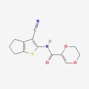 molecular formula C13H12N2O3S B2475563 N-(3-cyano-5,6-dihydro-4H-cyclopenta[b]thiophen-2-yl)-5,6-dihydro-1,4-dioxine-2-carboxamide CAS No. 864937-82-6