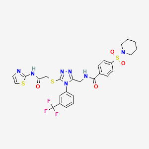 molecular formula C27H26F3N7O4S3 B2475718 N-((5-((2-oxo-2-(thiazol-2-ylamino)ethyl)thio)-4-(3-(trifluoromethyl)phenyl)-4H-1,2,4-triazol-3-yl)methyl)-4-(piperidin-1-ylsulfonyl)benzamide CAS No. 310449-73-1