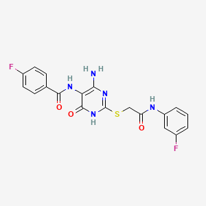 molecular formula C19H15F2N5O3S B2475788 N-(4-amino-2-((2-((3-fluorophenyl)amino)-2-oxoethyl)thio)-6-oxo-1,6-dihydropyrimidin-5-yl)-4-fluorobenzamide CAS No. 888416-94-2