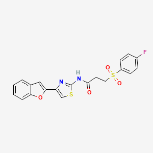 molecular formula C20H15FN2O4S2 B2475831 N-(4-(benzofuran-2-yl)thiazol-2-yl)-3-((4-fluorophenyl)sulfonyl)propanamide CAS No. 941892-74-6
