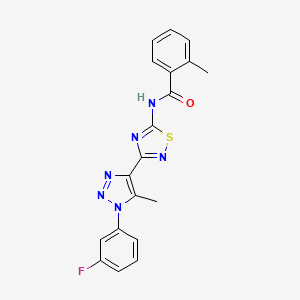 molecular formula C19H15FN6OS B2475901 N-{3-[1-(3-fluorophenyl)-5-methyl-1H-1,2,3-triazol-4-yl]-1,2,4-thiadiazol-5-yl}-2-methylbenzamide CAS No. 932487-60-0