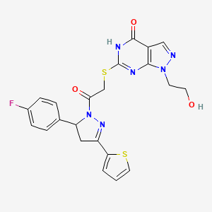 molecular formula C22H19FN6O3S2 B2475985 6-((2-(5-(4-fluorophenyl)-3-(thiophen-2-yl)-4,5-dihydro-1H-pyrazol-1-yl)-2-oxoethyl)thio)-1-(2-hydroxyethyl)-1H-pyrazolo[3,4-d]pyrimidin-4(5H)-one CAS No. 946379-60-8