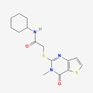 molecular formula C15H19N3O2S2 B2476078 N-cyclohexyl-2-((3-methyl-4-oxo-3,4-dihydrothieno[3,2-d]pyrimidin-2-yl)thio)acetamide CAS No. 1252908-36-3