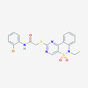 molecular formula C20H17BrN4O3S2 B2476102 N-(2-bromophenyl)-2-({9-ethyl-8,8-dioxo-8lambda6-thia-3,5,9-triazatricyclo[8.4.0.0^{2,7}]tetradeca-1(14),2(7),3,5,10,12-hexaen-4-yl}sulfanyl)acetamide CAS No. 932449-28-0