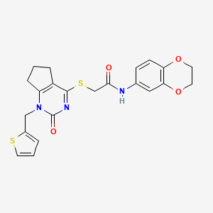 molecular formula C22H21N3O4S2 B2476119 N-(2,3-dihydro-1,4-benzodioxin-6-yl)-2-({2-oxo-1-[(thiophen-2-yl)methyl]-1H,2H,5H,6H,7H-cyclopenta[d]pyrimidin-4-yl}sulfanyl)acetamide CAS No. 899747-43-4