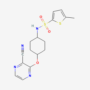 molecular formula C16H18N4O3S2 B2476298 N-((1r,4r)-4-((3-cyanopyrazin-2-yl)oxy)cyclohexyl)-5-methylthiophene-2-sulfonamide CAS No. 2034399-28-3