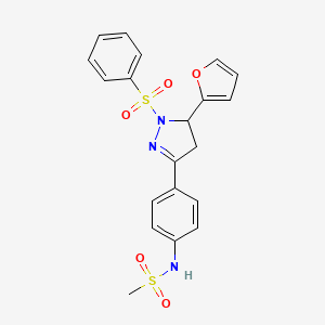 molecular formula C20H19N3O5S2 B2476304 N-{4-[1-(benzenesulfonyl)-5-(furan-2-yl)-4,5-dihydro-1H-pyrazol-3-yl]phenyl}methanesulfonamide CAS No. 851780-96-6