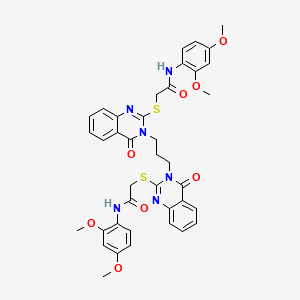 molecular formula C39H38N6O8S2 B2476408 N-(2,4-dimethoxyphenyl)-2-[(3-{3-[2-({[(2,4-dimethoxyphenyl)carbamoyl]methyl}sulfanyl)-4-oxo-3,4-dihydroquinazolin-3-yl]propyl}-4-oxo-3,4-dihydroquinazolin-2-yl)sulfanyl]acetamide CAS No. 689766-90-3