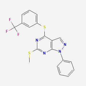 molecular formula C19H13F3N4S2 B2476450 methyl 1-phenyl-4-{[3-(trifluoromethyl)phenyl]sulfanyl}-1H-pyrazolo[3,4-d]pyrimidin-6-yl sulfide CAS No. 478247-56-2