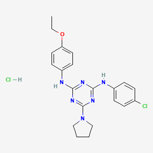 molecular formula C21H24Cl2N6O B2476559 N2-(4-chlorophenyl)-N4-(4-ethoxyphenyl)-6-(pyrrolidin-1-yl)-1,3,5-triazine-2,4-diamine hydrochloride CAS No. 1179406-41-7