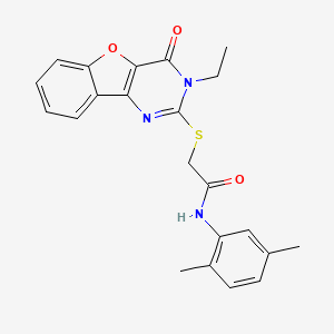 molecular formula C22H21N3O3S B2476683 N-(2,5-dimethylphenyl)-2-({5-ethyl-6-oxo-8-oxa-3,5-diazatricyclo[7.4.0.0^{2,7}]trideca-1(9),2(7),3,10,12-pentaen-4-yl}sulfanyl)acetamide CAS No. 923211-98-7
