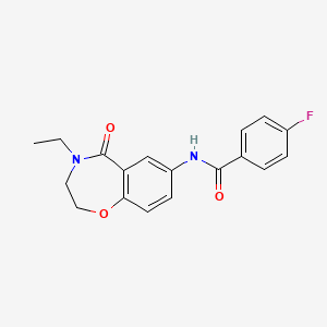 molecular formula C18H17FN2O3 B2476717 N-(4-ethyl-5-oxo-2,3,4,5-tetrahydrobenzo[f][1,4]oxazepin-7-yl)-4-fluorobenzamide CAS No. 922001-42-1