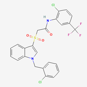molecular formula C24H17Cl2F3N2O3S B2476730 2-[1-[(2-chlorophenyl)methyl]indol-3-yl]sulfonyl-N-[2-chloro-5-(trifluoromethyl)phenyl]acetamide CAS No. 686744-21-8