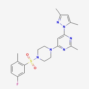 molecular formula C21H25FN6O2S B2476751 4-(3,5-dimethyl-1H-pyrazol-1-yl)-6-(4-((5-fluoro-2-methylphenyl)sulfonyl)piperazin-1-yl)-2-methylpyrimidine CAS No. 1171685-29-2