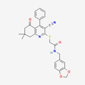 molecular formula C28H25N3O4S B2476787 N-[(2H-1,3-benzodioxol-5-yl)methyl]-2-[(3-cyano-7,7-dimethyl-5-oxo-4-phenyl-5,6,7,8-tetrahydroquinolin-2-yl)sulfanyl]acetamide CAS No. 690962-05-1