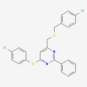 molecular formula C24H18Cl2N2S2 B2476804 4-(((4-Chlorobenzyl)sulfanyl)methyl)-6-((4-chlorophenyl)sulfanyl)-2-phenylpyrimidine CAS No. 338960-93-3
