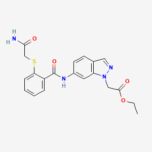 Ethyl 2-[6-[[2-(2-amino-2-oxoethyl)sulfanylbenzoyl]amino]indazol-1-yl]acetate