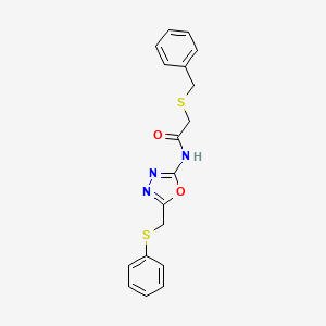 molecular formula C18H17N3O2S2 B2476949 2-(benzylthio)-N-(5-((phenylthio)methyl)-1,3,4-oxadiazol-2-yl)acetamide CAS No. 923380-09-0