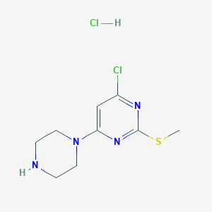 molecular formula C9H14Cl2N4S B2476972 4-Chloro-2-(methylthio)-6-(piperazin-1-yl)pyrimidine hydrochloride CAS No. 1261231-26-8