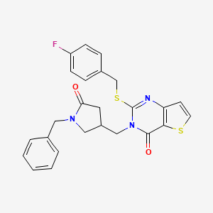 molecular formula C25H22FN3O2S2 B2476986 1-benzyl-4-[(2-{[(4-fluorophenyl)methyl]sulfanyl}-4-oxo-3H,4H-thieno[3,2-d]pyrimidin-3-yl)methyl]pyrrolidin-2-one CAS No. 2415584-35-7