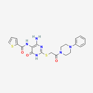 molecular formula C21H22N6O3S2 B2476994 N-(4-amino-6-oxo-2-((2-oxo-2-(4-phenylpiperazin-1-yl)ethyl)thio)-1,6-dihydropyrimidin-5-yl)thiophene-2-carboxamide CAS No. 868225-34-7
