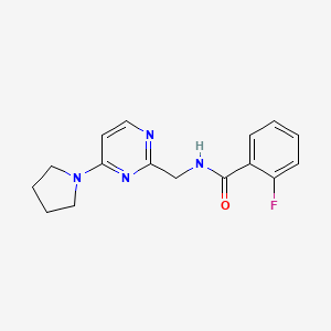 molecular formula C16H17FN4O B2477011 2-fluoro-N-((4-(pyrrolidin-1-yl)pyrimidin-2-yl)methyl)benzamide CAS No. 1797222-41-3
