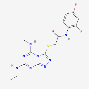 molecular formula C16H18F2N8OS B2477050 2-[[5,7-bis(ethylamino)-[1,2,4]triazolo[4,3-a][1,3,5]triazin-3-yl]sulfanyl]-N-(2,4-difluorophenyl)acetamide CAS No. 898414-69-2