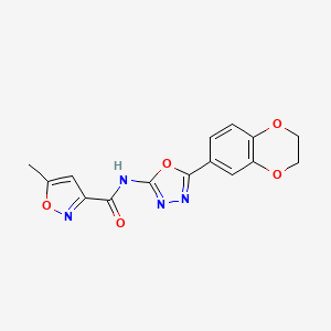 molecular formula C15H12N4O5 B2477081 N-(5-(2,3-dihydrobenzo[b][1,4]dioxin-6-yl)-1,3,4-oxadiazol-2-yl)-5-methylisoxazole-3-carboxamide CAS No. 941954-35-4