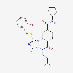 molecular formula C27H30FN5O2S B2477145 N-环戊基-1-{[(2-氟苯基)甲基]硫代}-4-(3-甲基丁基)-5-氧代-4H,5H-[1,2,4]三唑[4,3-a]喹噁啉-8-羧酰胺 CAS No. 2034514-27-5