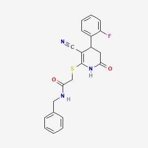 molecular formula C21H18FN3O2S B2477230 N-benzyl-2-{[3-cyano-4-(2-fluorophenyl)-6-oxo-1,4,5,6-tetrahydropyridin-2-yl]sulfanyl}acetamide CAS No. 488716-47-8