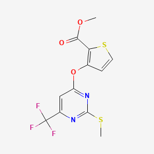 molecular formula C12H9F3N2O3S2 B2477448 Methyl 3-{[2-(methylsulfanyl)-6-(trifluoromethyl)-4-pyrimidinyl]oxy}-2-thiophenecarboxylate CAS No. 477855-99-5