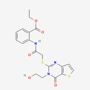 molecular formula C19H19N3O5S2 B2477488 Ethyl 2-(2-((3-(2-hydroxyethyl)-4-oxo-3,4-dihydrothieno[3,2-d]pyrimidin-2-yl)thio)acetamido)benzoate CAS No. 1795413-20-5