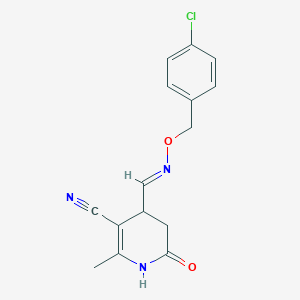 molecular formula C15H14ClN3O2 B2477524 4-({[(4-Chlorobenzyl)oxy]imino}methyl)-2-methyl-6-oxo-1,4,5,6-tetrahydro-3-pyridinecarbonitrile CAS No. 338415-14-8