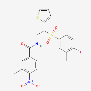 molecular formula C21H19FN2O5S2 B2478046 N-(2-((4-fluoro-3-methylphenyl)sulfonyl)-2-(thiophen-2-yl)ethyl)-3-methyl-4-nitrobenzamide CAS No. 897620-40-5