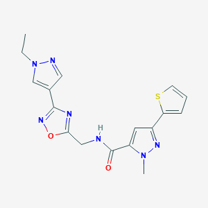molecular formula C17H17N7O2S B2478054 N-((3-(1-ethyl-1H-pyrazol-4-yl)-1,2,4-oxadiazol-5-yl)methyl)-1-methyl-3-(thiophen-2-yl)-1H-pyrazole-5-carboxamide CAS No. 2034516-24-8