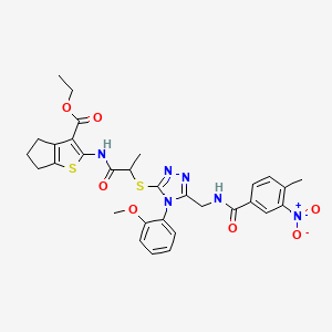 molecular formula C31H32N6O7S2 B2478106 ethyl 2-(2-{[4-(2-methoxyphenyl)-5-{[(4-methyl-3-nitrophenyl)formamido]methyl}-4H-1,2,4-triazol-3-yl]sulfanyl}propanamido)-4H,5H,6H-cyclopenta[b]thiophene-3-carboxylate CAS No. 393815-21-9