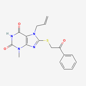 molecular formula C17H16N4O3S B2478113 3-methyl-8-[(2-oxo-2-phenylethyl)sulfanyl]-7-(prop-2-en-1-yl)-3,7-dihydro-1H-purine-2,6-dione CAS No. 316360-13-1