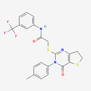 molecular formula C22H18F3N3O2S2 B2478136 2-[[3-(4-methylphenyl)-4-oxo-6,7-dihydrothieno[3,2-d]pyrimidin-2-yl]sulfanyl]-N-[3-(trifluoromethyl)phenyl]acetamide CAS No. 686771-61-9