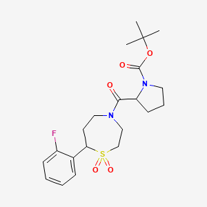 molecular formula C21H29FN2O5S B2478171 Tert-butyl 2-(7-(2-fluorophenyl)-1,1-dioxido-1,4-thiazepane-4-carbonyl)pyrrolidine-1-carboxylate CAS No. 2034209-39-5